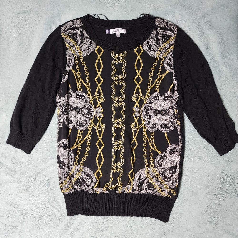 Jennifer Lopez Black Sweater W/Scarf Overlay, Size XL, 3/4 Sleeve